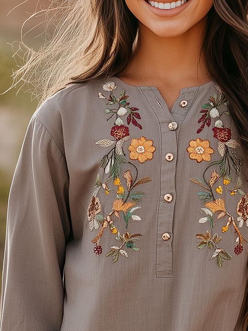 Retro Cotton and linen Flower Embroidery Henley Shirt