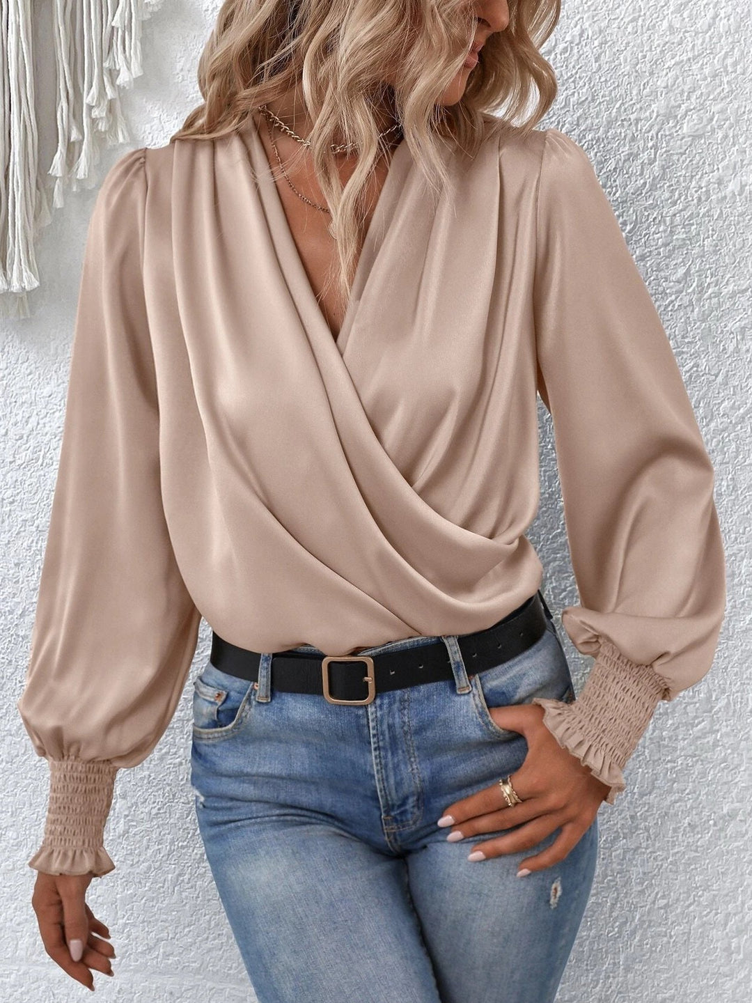 Elegant V-neck Pleated Lantern Sleeve Satin Blouse