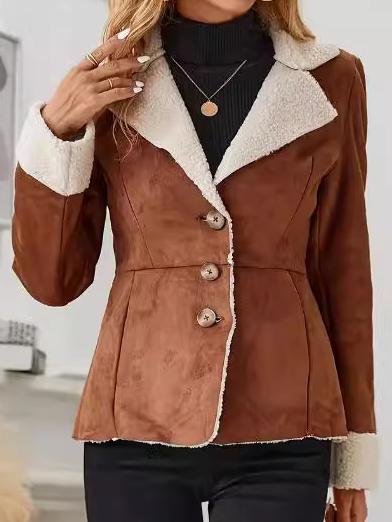 Stylish Suit Collar Fleece Lined Suede Jacket