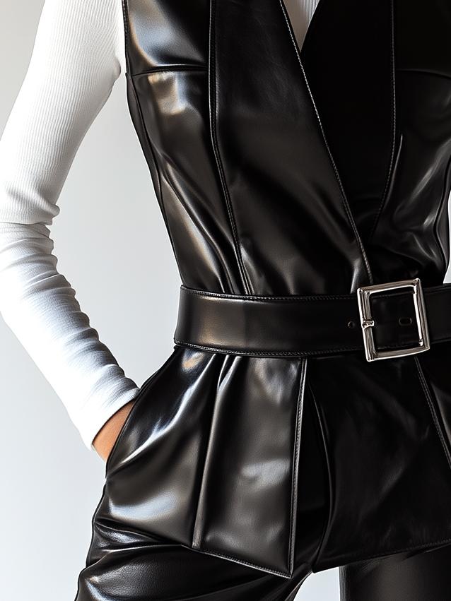 Stylish V-neck Waist Belt Leather Waistcoat