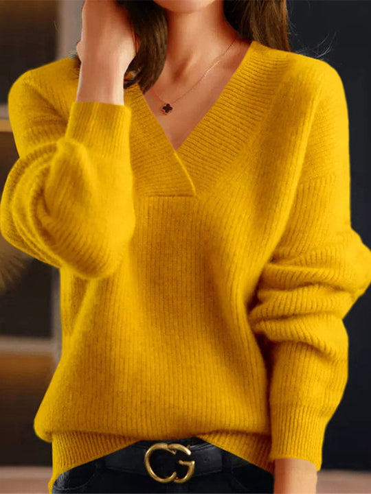 V-Neck Solid Color Knitted Sweater