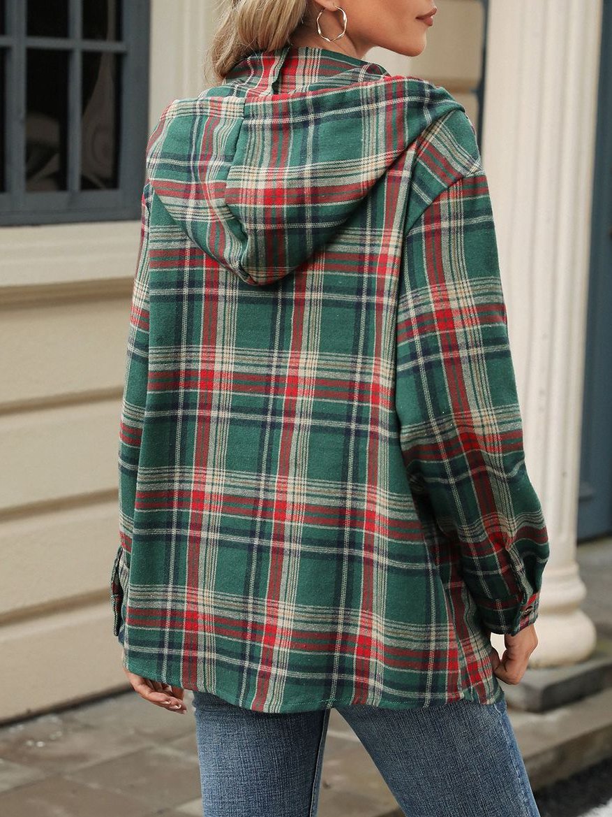 Retro Loose Fit Long Sleeve Button Plaid Hoodie