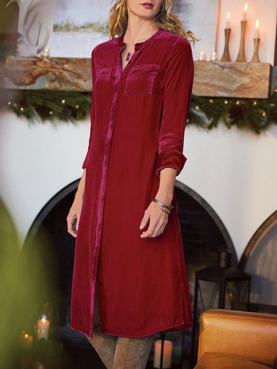 Elegant Velvet Belted Long Sleeves Shirt Midi Dress