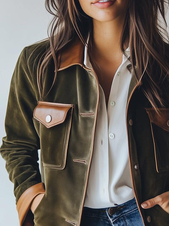 Chic Leather Trim Multiple-pockets Suede Trench Coat