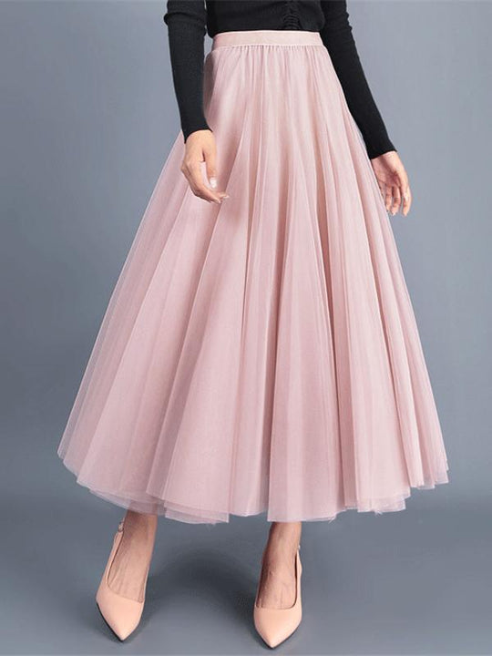 Elegant Elastic Waist Solid Color Chiffon Pleated A-Line Midi Skirt