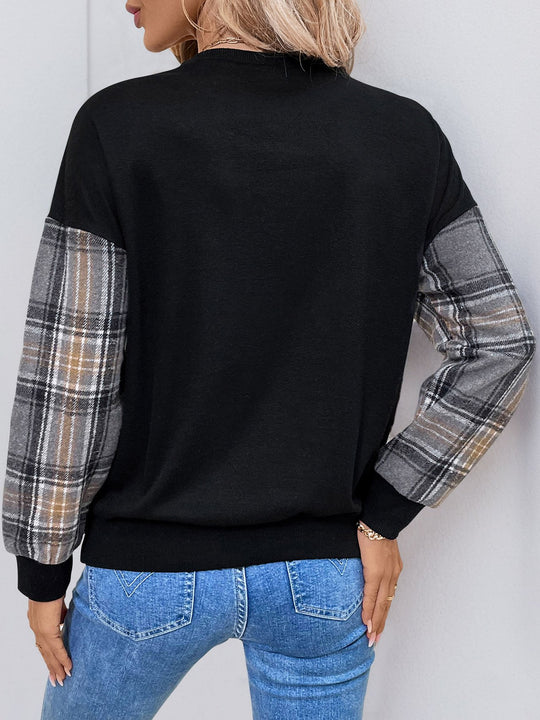 Vintage Lace Trim Plaid Patchwork Sweatshirt