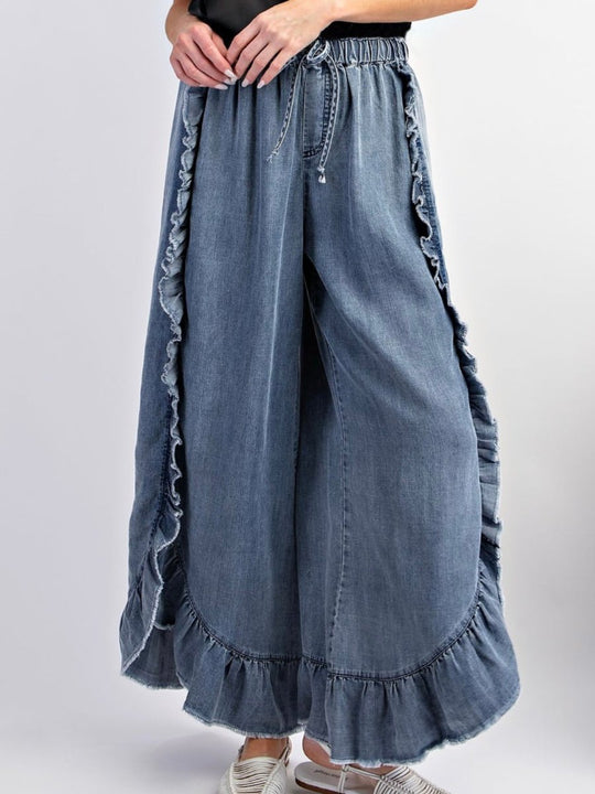 Boho Stone Wash Denim Ruffle Edge Flared Pants