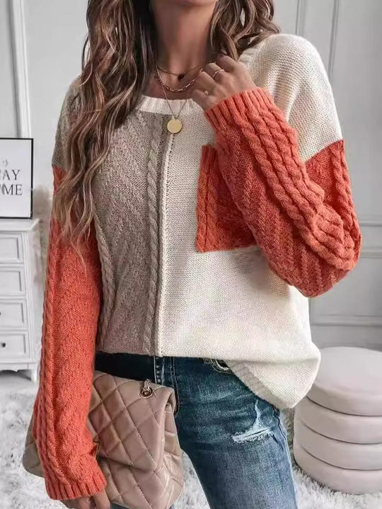 Stylish Color-Block Cable Knit Textured Pocket Sweater