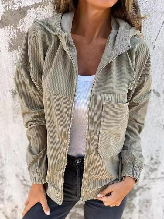 Minimalist Zip-up Corduroy Hooded Jacket