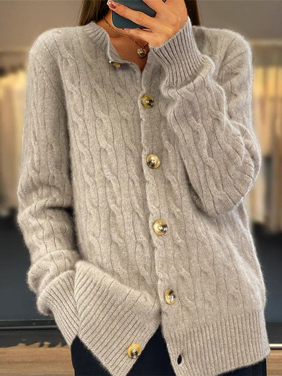 Button-Down Crew Neck Jacquard Knit Cardigan