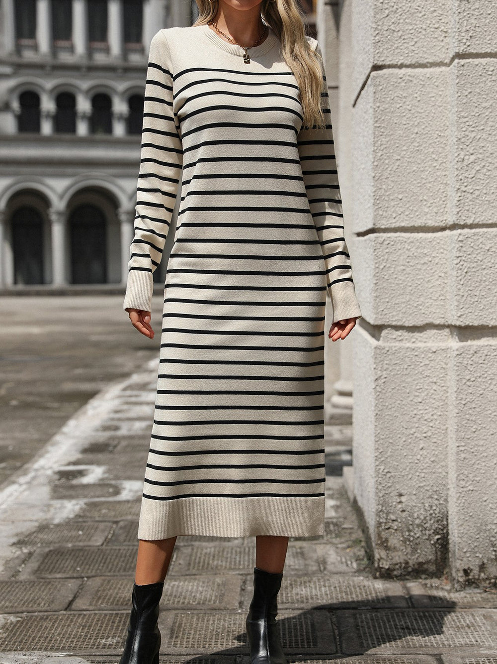 Classic Stripe Knited Long Sleeves Midi Dress