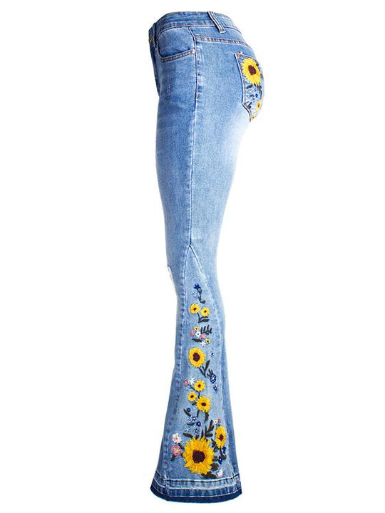 Handmade 3D Embroidered Floral Flare Jeans