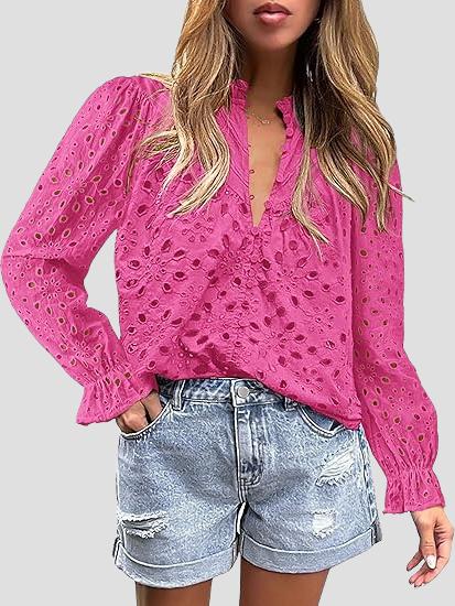 Elegant Half-open Hollow-out Lace Puff Sleeves Blouse