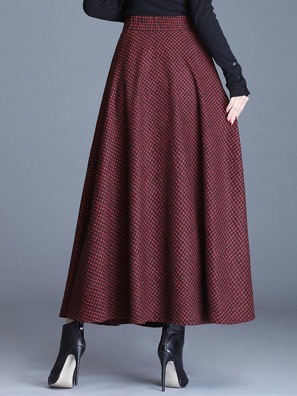 Elegant Elastic Waist Plaid Print Wool Blend Long Skirt