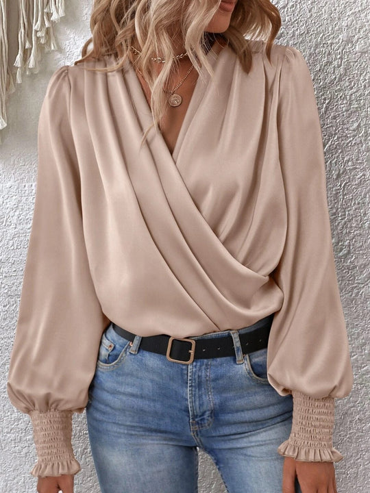 Elegant V-neck Pleated Lantern Sleeve Satin Blouse