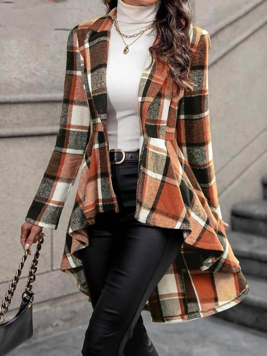 Stylish Plaid Pattern Short-Front Long-Back Woolen Jacket