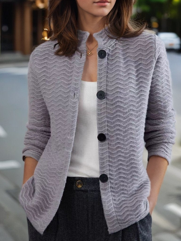 Retro Wave Jacquard Stand Collar Knitted Cardigan Jacket