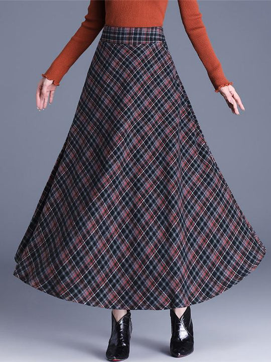 Elegant Elastic Waist Color-block Grid Wool Blend Long Skirt