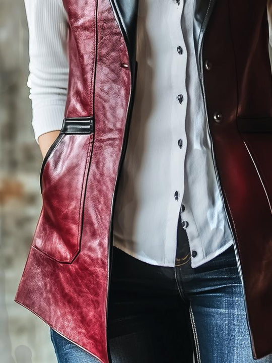 Chic Color-blocking Mid-length Leather Vest