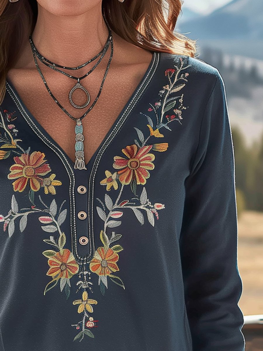 Exquisite Handmade Embroidery V-neck Long Sleeves T-shirt