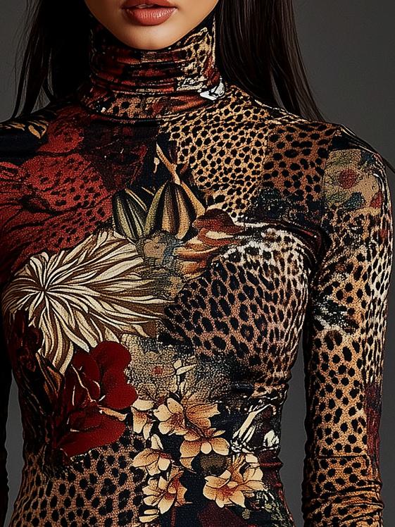 Turtleneck Leopard and Floral Print Long Sleeve T-shirt