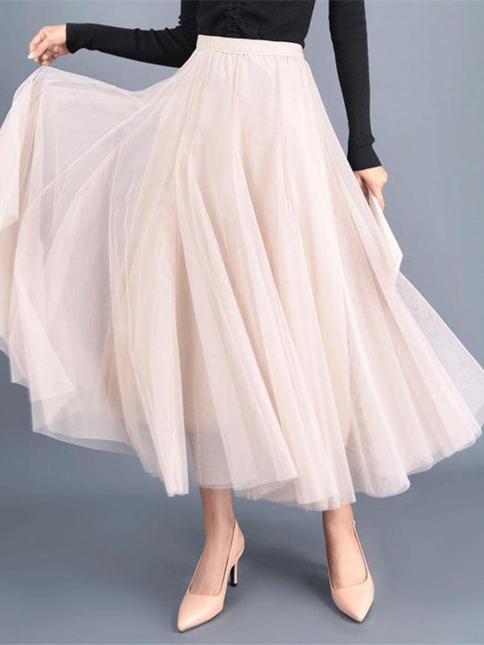 Elegant Elastic Waist Solid Color Chiffon Pleated A-Line Midi Skirt