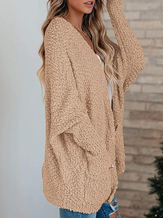 Grain Fleece Double Pocket Bat Sleeve Cardigan Sweater