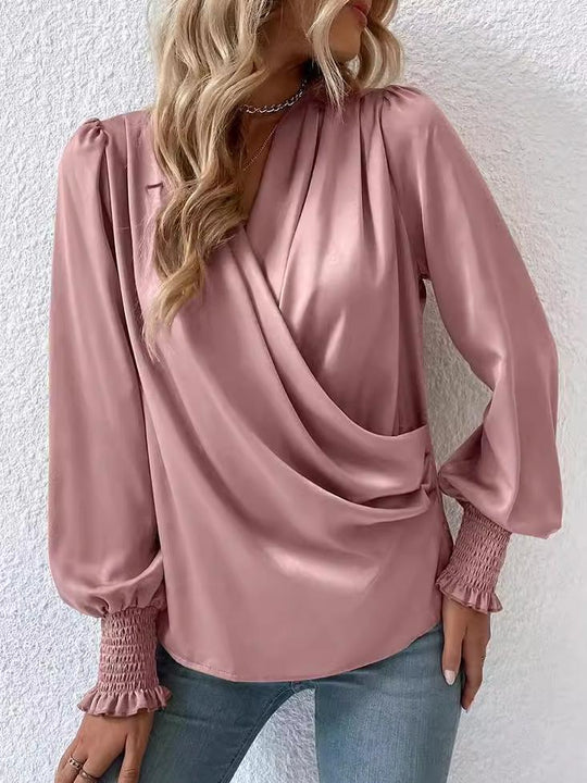 Elegant V-neck Pleated Lantern Sleeve Satin Blouse