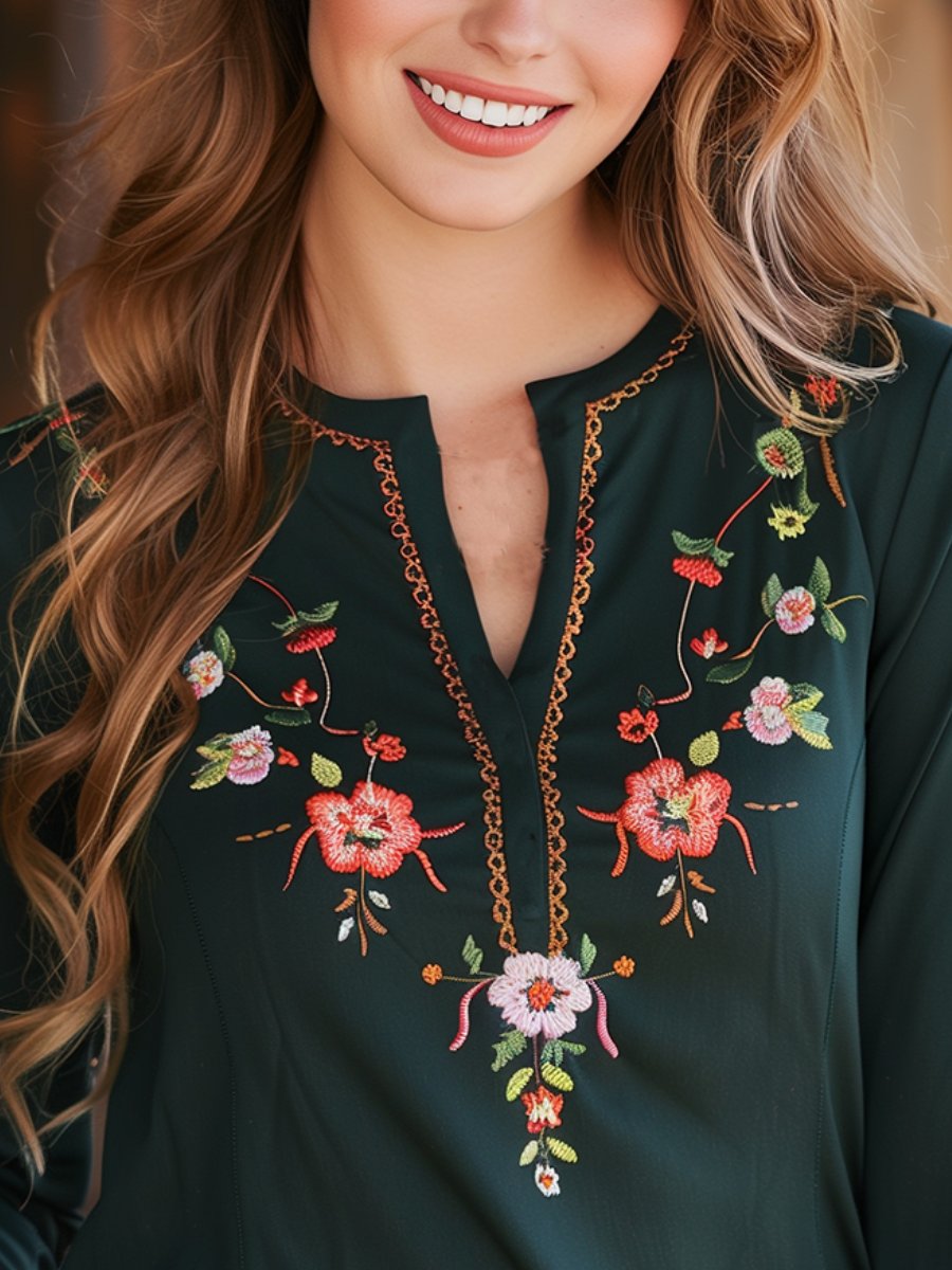 Exquisite Floral Embroidery V-neck Long Sleeves T-shirt