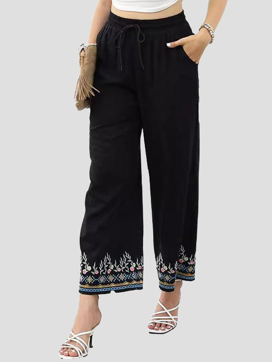 Elegant Floral Embroidered Elastic Waist Straight-leg Pants