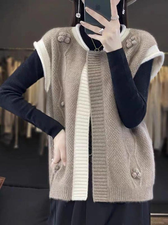 Round Neck Color-Block Sleeveless Cashmere Cardigan