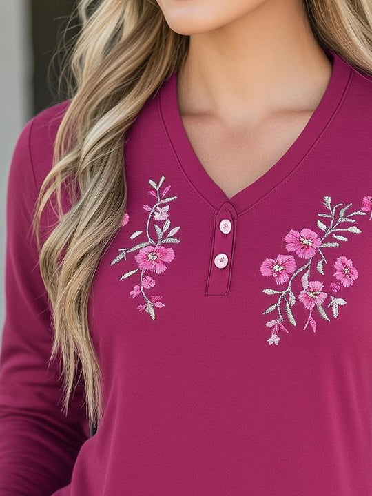 Chic V-neck Flower Handmade Embroidery Long Sleeves T-shirt