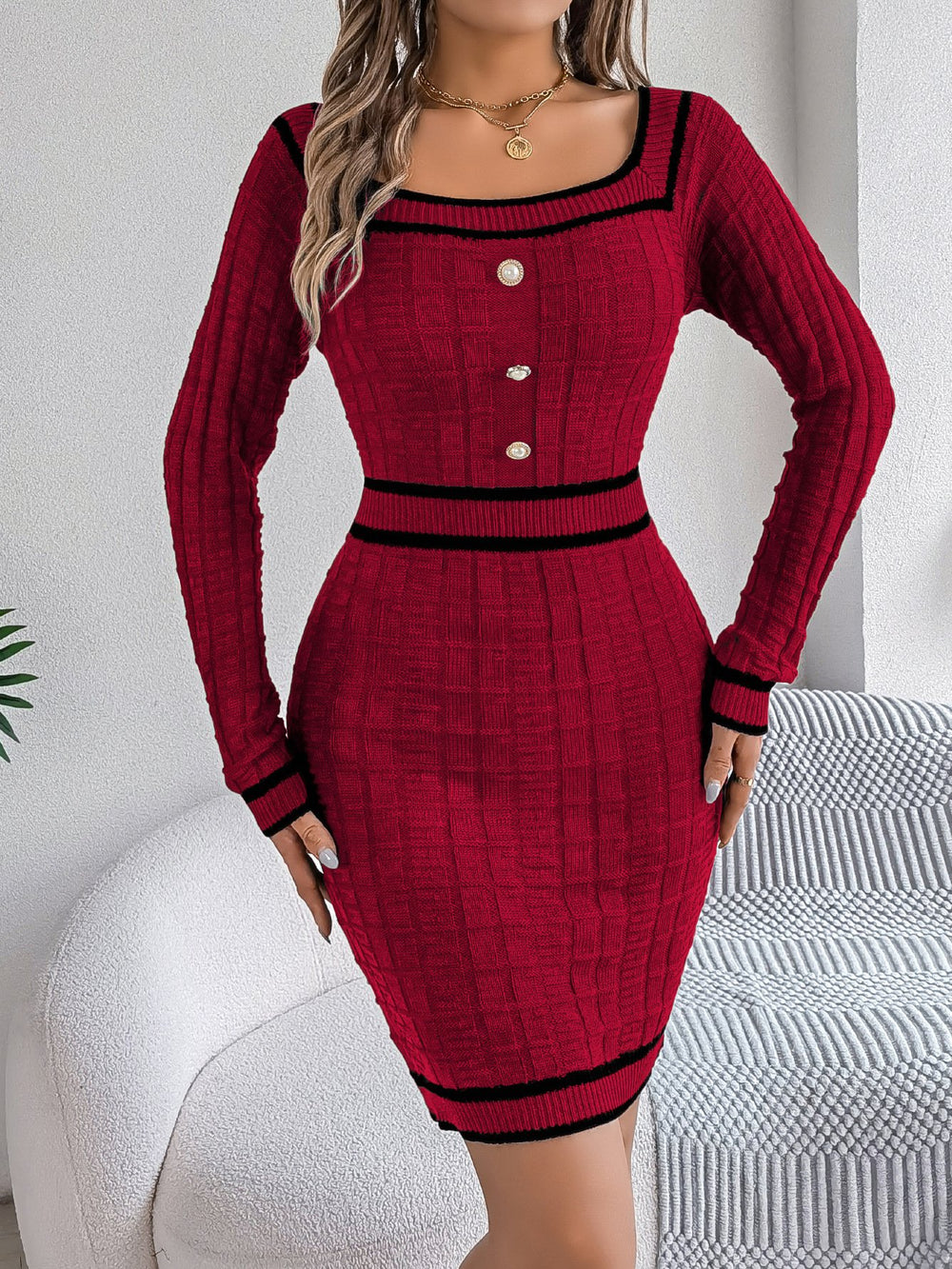 Elegant Color-block Stripe Square Neck Knit Bodycon Dress