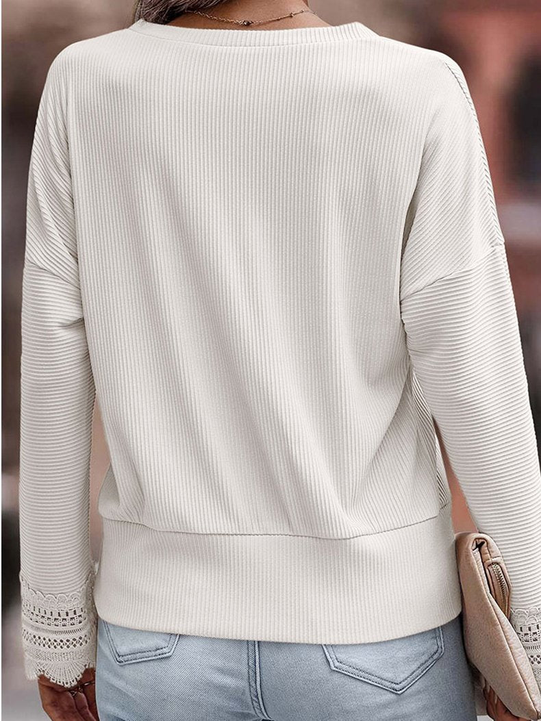 Elegant V-neck Lace Trim Knited Long Sleeves T-shirt