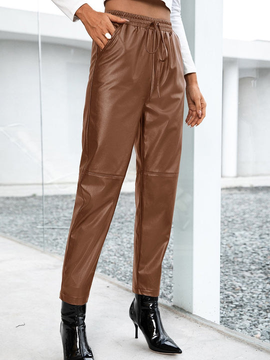 Chic Drawstring High-waisted Motorcycle Leather Pants