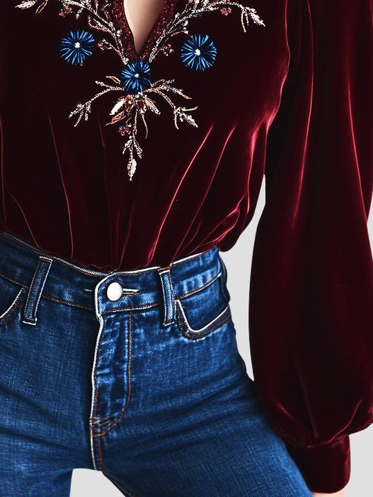 Chic V-neck Blue Floral Embroidery Loose Velvet Blouse