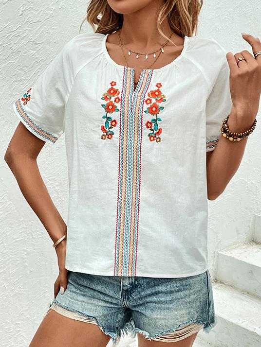 Elegant V-neck Short Sleeves Embroidered Blouse