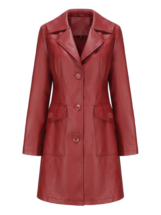 Classic Britsh Suits Collar Leather Long Jacket