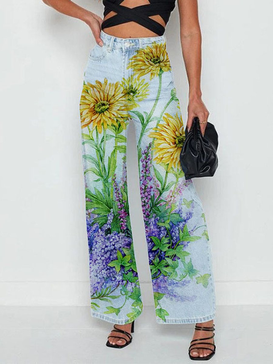 Women's Casual Printed Wide-Leg Pants Imitation Jeans