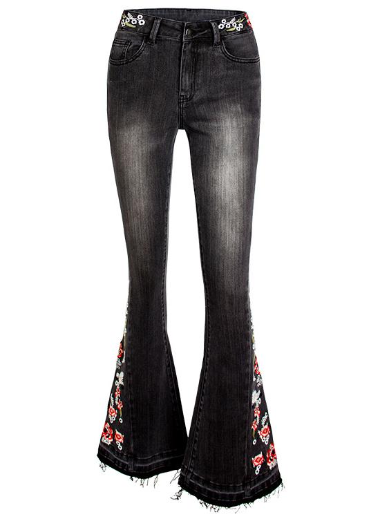 Elegant Embroidered Slim-fit Stretch Denim Flared Pants