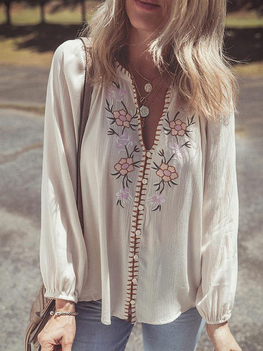 Women's Versatile Floral Embroidered Bubble Sleeve Blouse