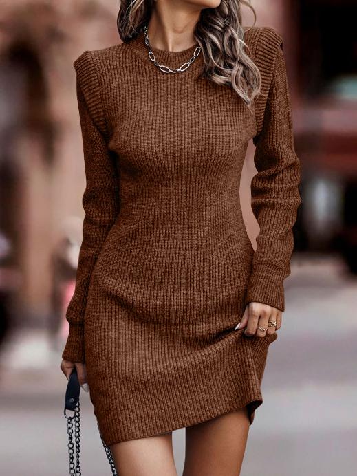 Elegant Ribbing-knit Solid Color Sweater Dress