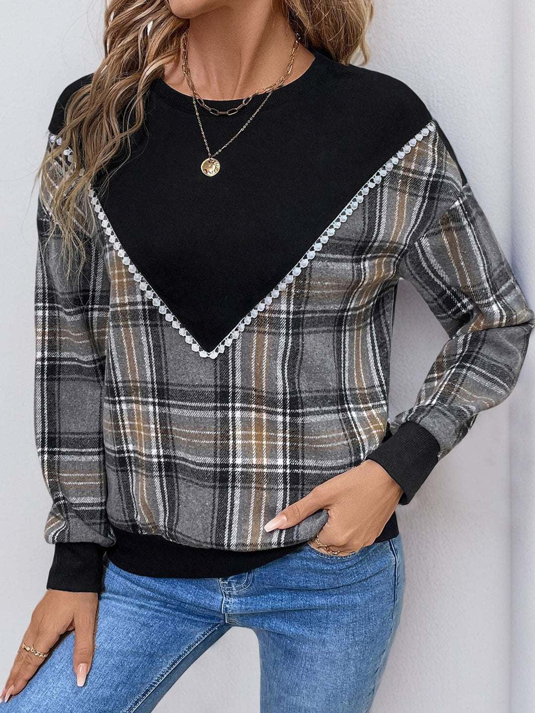 Vintage Lace Trim Plaid Patchwork Sweatshirt