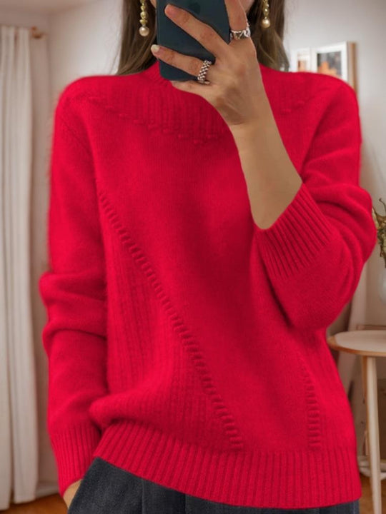 Chic Solid Color Mock Neck Jacquard Knit Pullover Sweater