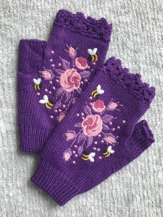 Bee and Flower Embroidery Warm Woolen Half-Finger Gloves