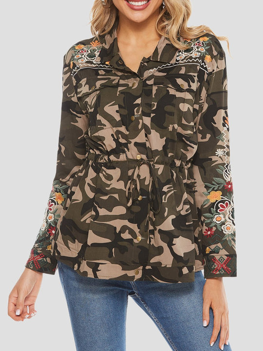 Handmade Embroidered Drawstring Waist Camouflage Shirt Jacket