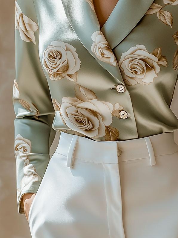 Elegant Lapel Rose Pattern Side Button Down Satin Shirt