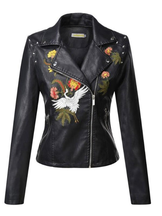 Stylish Embroidered and Rivet Leather Jacket