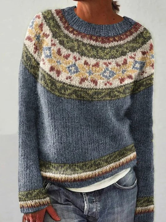 Ethnic Style Round Neck Color Block Sweater