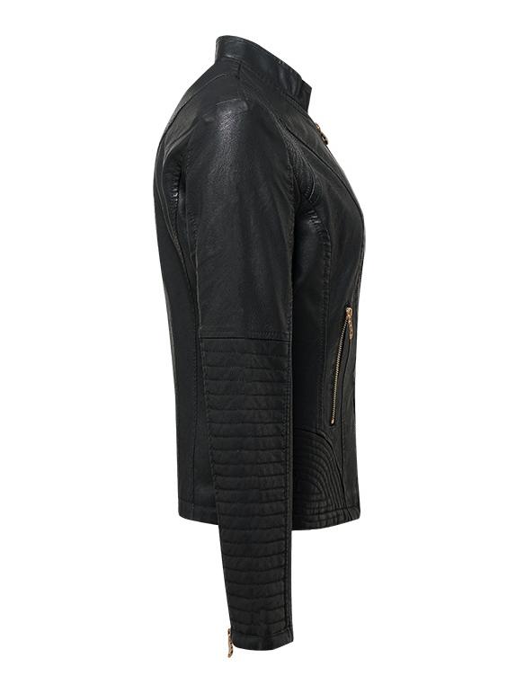 Women Sharp Stand Collar Slim Fit Leather Jacket